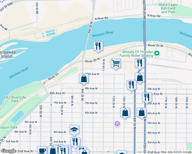 map of restaurants, bars, coffee shops, grocery stores, and more near 1009 9th Avenue North in Great Falls
