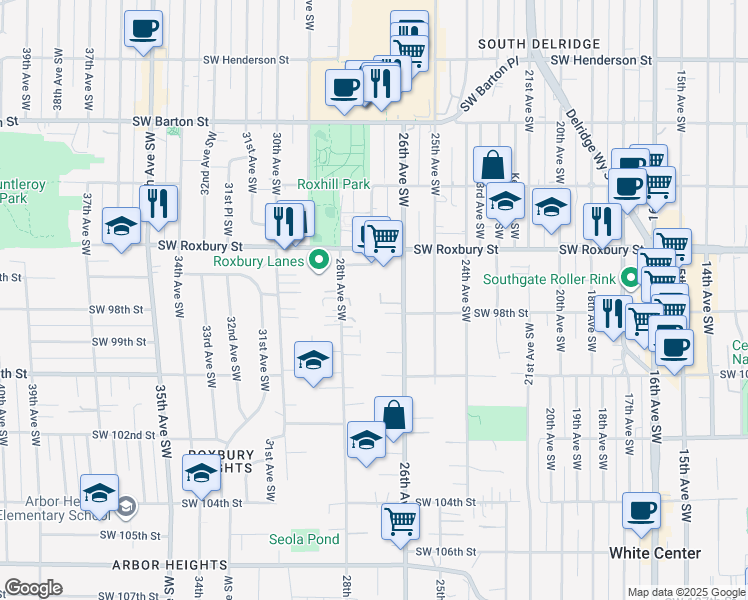 map of restaurants, bars, coffee shops, grocery stores, and more near 9741 26th Avenue Southwest in Seattle