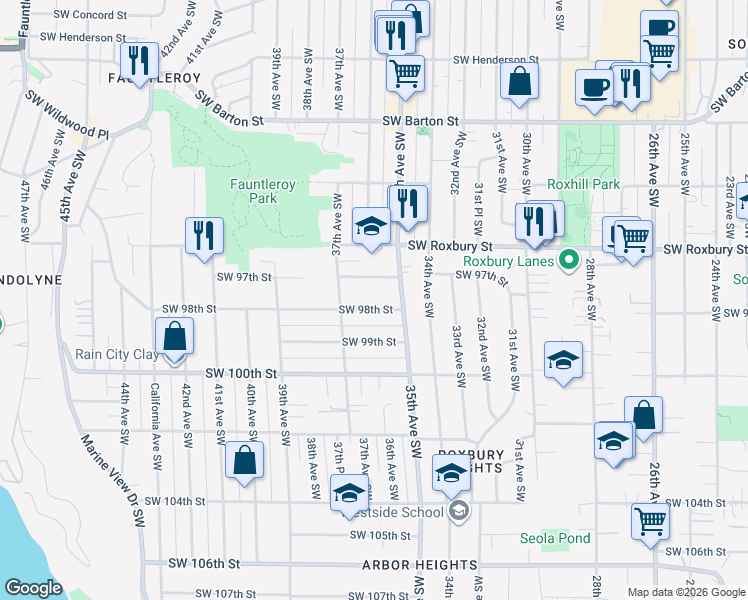 map of restaurants, bars, coffee shops, grocery stores, and more near 3517 Southwest 98th Street in Seattle