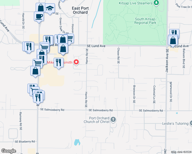 map of restaurants, bars, coffee shops, grocery stores, and more near 2243 Southeast Moritz Way in Port Orchard