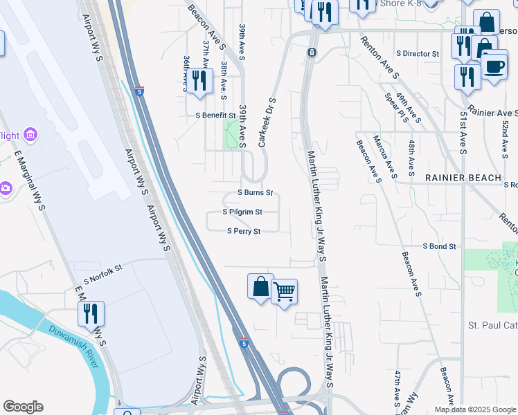 map of restaurants, bars, coffee shops, grocery stores, and more near 3942 South Pilgrim Street in Seattle