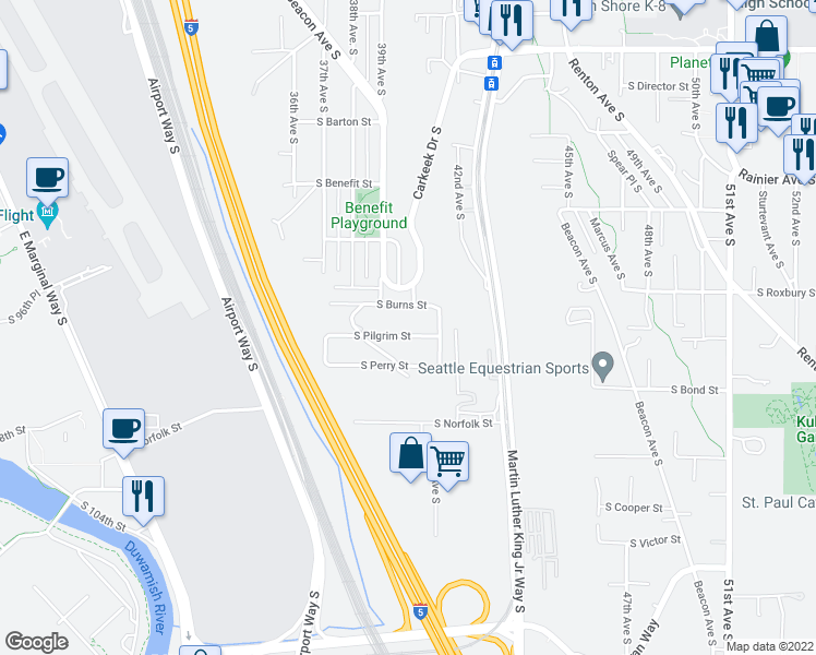 map of restaurants, bars, coffee shops, grocery stores, and more near 3942 South Pilgrim Street in Seattle