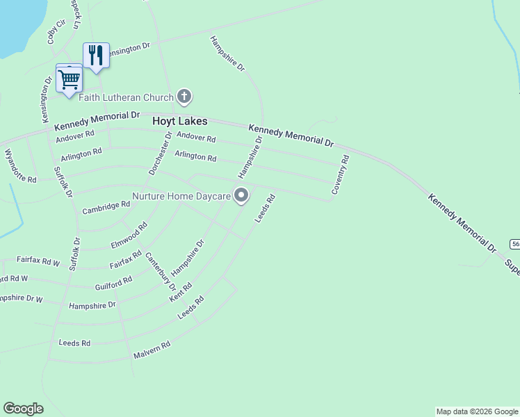 map of restaurants, bars, coffee shops, grocery stores, and more near 412 Leeds Road in Hoyt Lakes