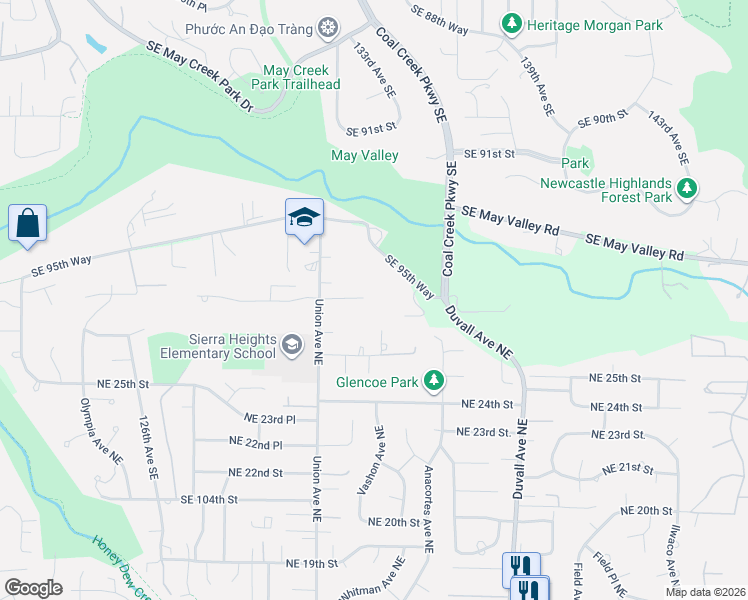 map of restaurants, bars, coffee shops, grocery stores, and more near 2626 Whitman Avenue Northeast in Renton