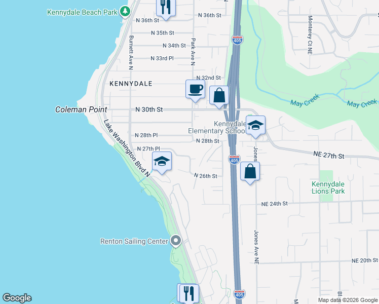 map of restaurants, bars, coffee shops, grocery stores, and more near 2631 Park Avenue North in Renton