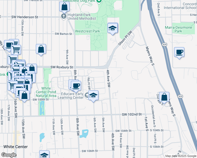 map of restaurants, bars, coffee shops, grocery stores, and more near 9803 6th Avenue Southwest in Seattle