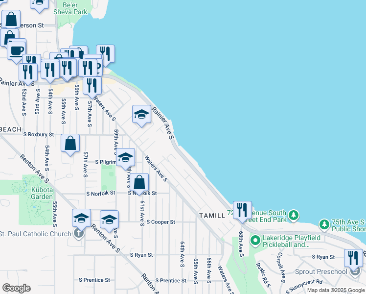map of restaurants, bars, coffee shops, grocery stores, and more near 9746 Rainier Avenue South in Seattle