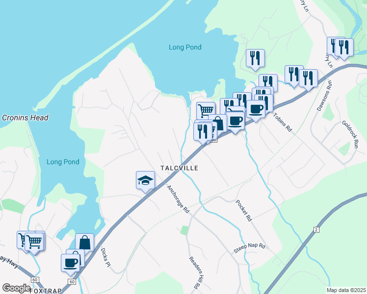 map of restaurants, bars, coffee shops, grocery stores, and more near 12 Noseworthys Lane in Conception Bay South