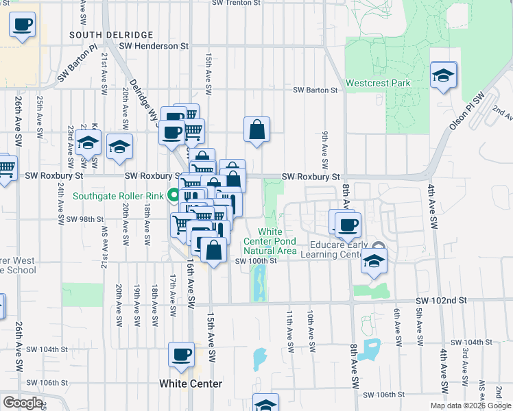 map of restaurants, bars, coffee shops, grocery stores, and more near 9641 12th Avenue Southwest in Seattle