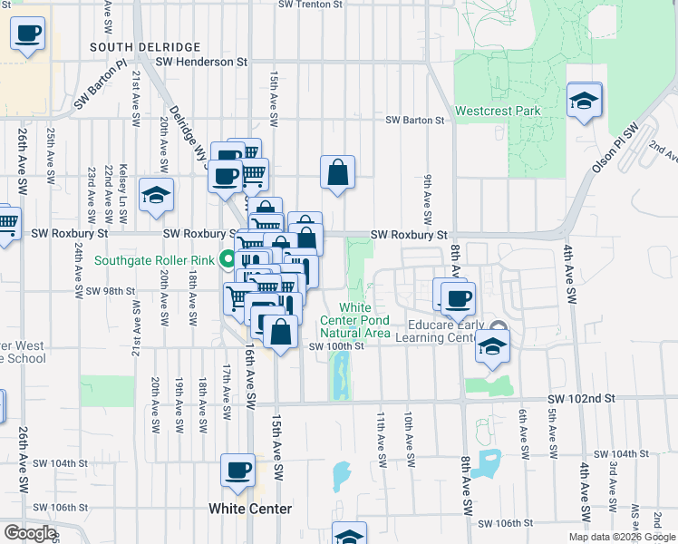map of restaurants, bars, coffee shops, grocery stores, and more near 9641 12th Avenue Southwest in Seattle