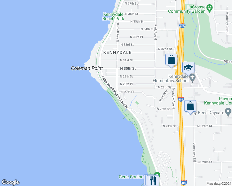 map of restaurants, bars, coffee shops, grocery stores, and more near Lake Washington Boulevard North in Renton