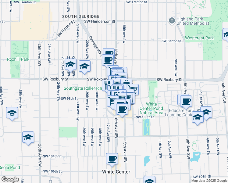 map of restaurants, bars, coffee shops, grocery stores, and more near 1521 Southwest 98th Street in Seattle