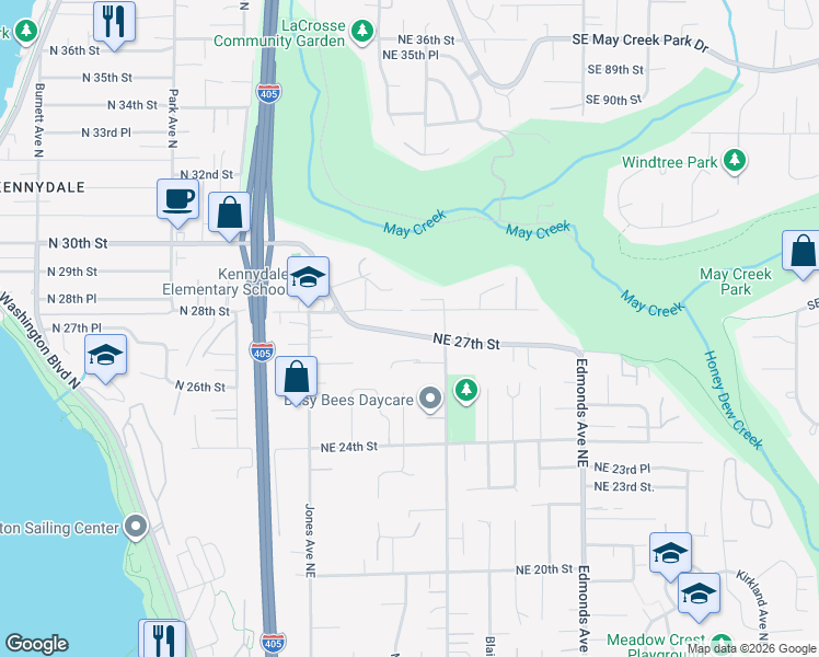 map of restaurants, bars, coffee shops, grocery stores, and more near 1915 Northeast 27th Street in Renton
