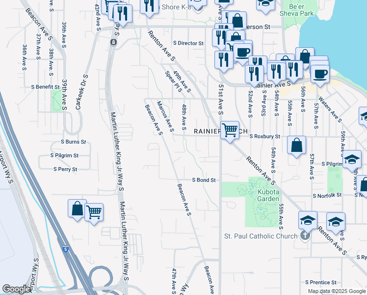 map of restaurants, bars, coffee shops, grocery stores, and more near 9652 Beacon Avenue South in Seattle