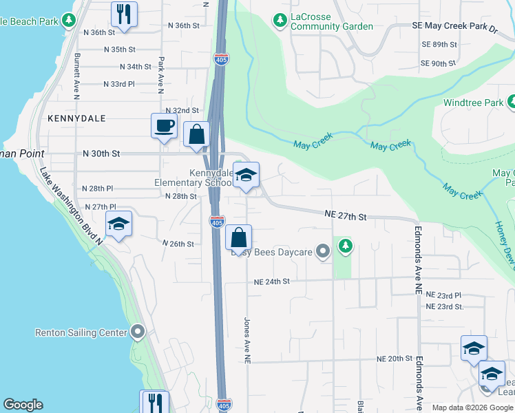 map of restaurants, bars, coffee shops, grocery stores, and more near 1706 Northeast 27th Place in Renton