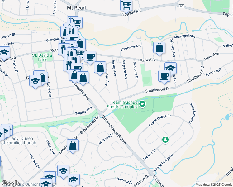 map of restaurants, bars, coffee shops, grocery stores, and more near 42 Jersey Avenue in Mount Pearl
