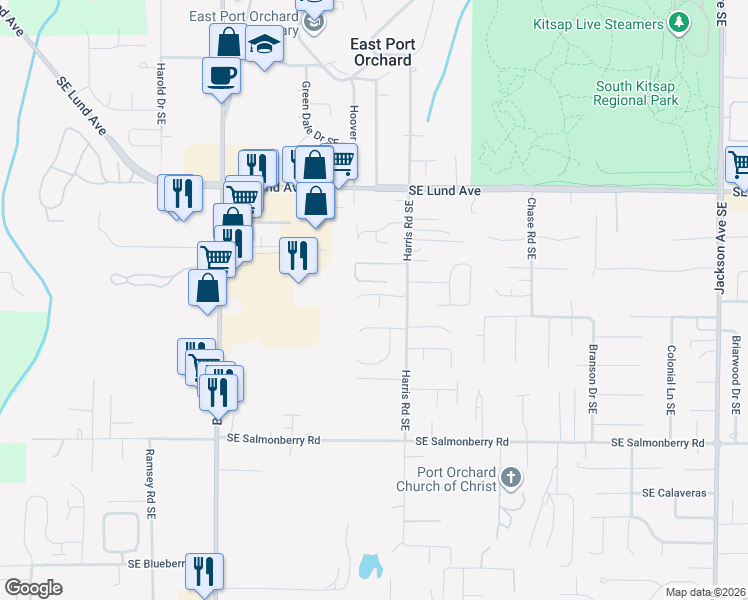 map of restaurants, bars, coffee shops, grocery stores, and more near 2137 Southeast Serenade Way in Port Orchard