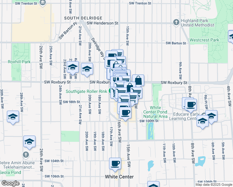 map of restaurants, bars, coffee shops, grocery stores, and more near 9636 16th Avenue Southwest in Seattle