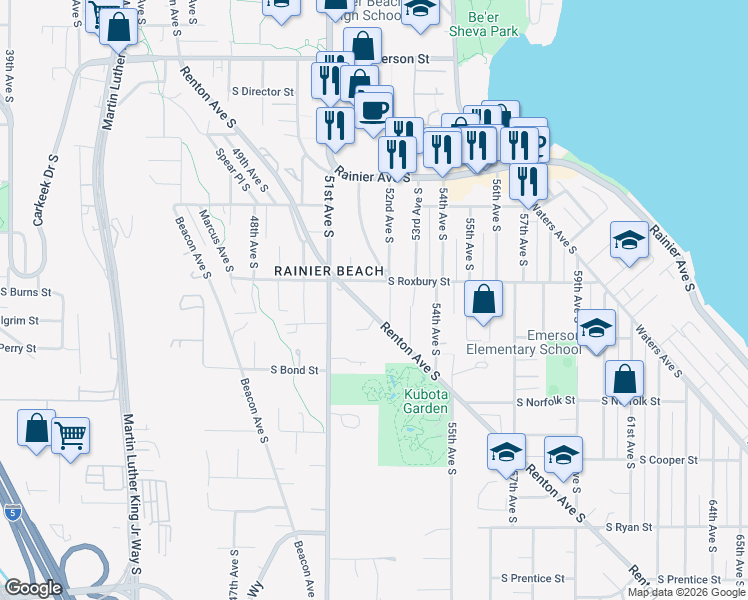 map of restaurants, bars, coffee shops, grocery stores, and more near 5140 South Roxbury Street in Seattle
