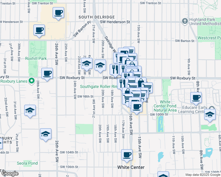 map of restaurants, bars, coffee shops, grocery stores, and more near 9613 18th Avenue Southwest in Seattle
