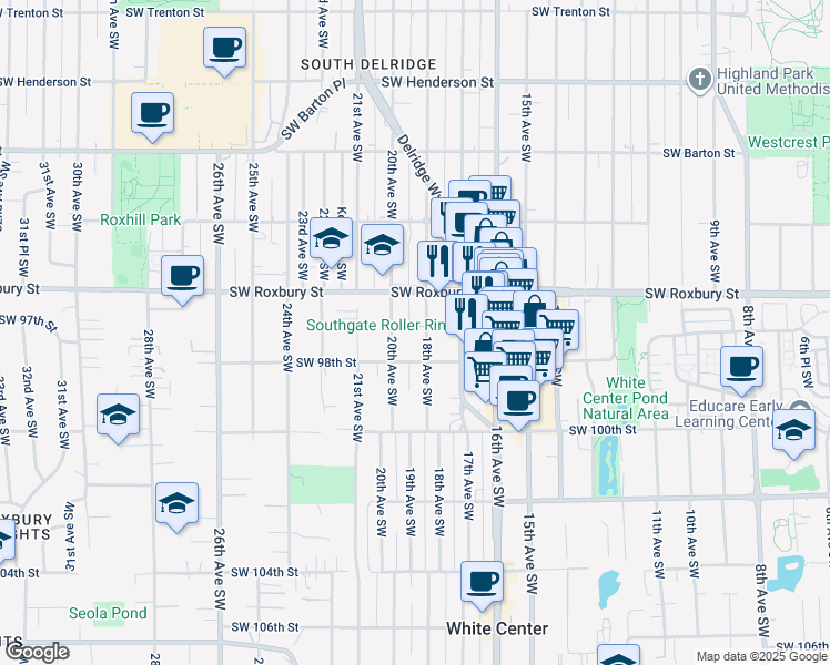 map of restaurants, bars, coffee shops, grocery stores, and more near 9615 18th Avenue Southwest in Seattle
