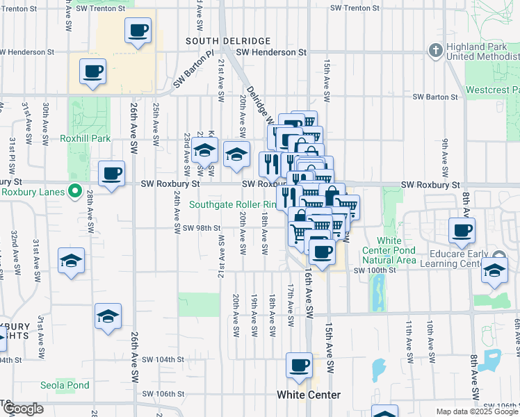 map of restaurants, bars, coffee shops, grocery stores, and more near 9615 18th Avenue Southwest in Seattle