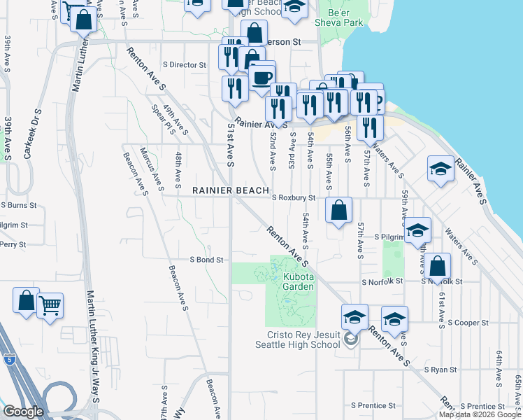 map of restaurants, bars, coffee shops, grocery stores, and more near 5140 South Roxbury Street in Seattle