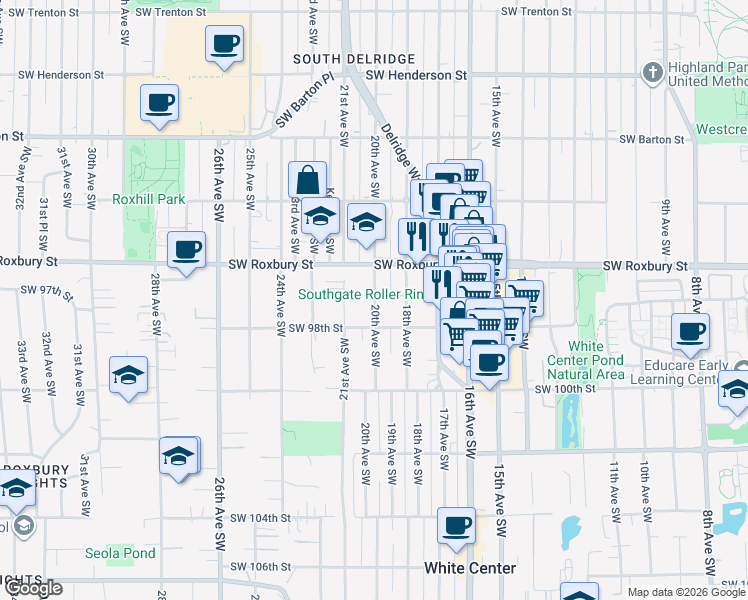 map of restaurants, bars, coffee shops, grocery stores, and more near 9615 20th Avenue Southwest in Seattle