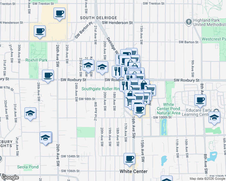map of restaurants, bars, coffee shops, grocery stores, and more near 9613 18th Avenue Southwest in Seattle