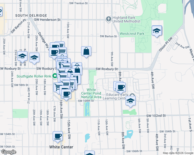 map of restaurants, bars, coffee shops, grocery stores, and more near 1092 Southwest 97th Street in Seattle