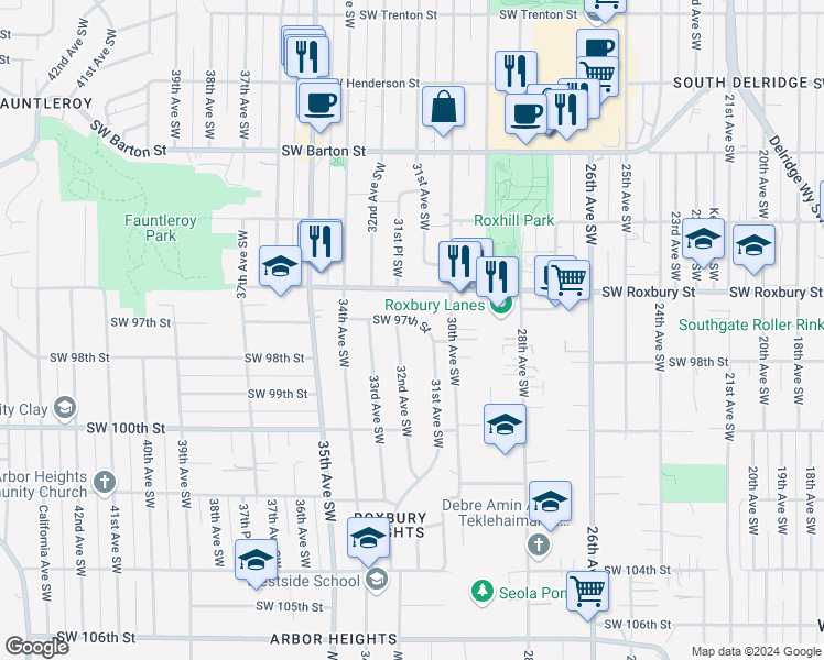 map of restaurants, bars, coffee shops, grocery stores, and more near 3119 Southwest 97th Street in Seattle