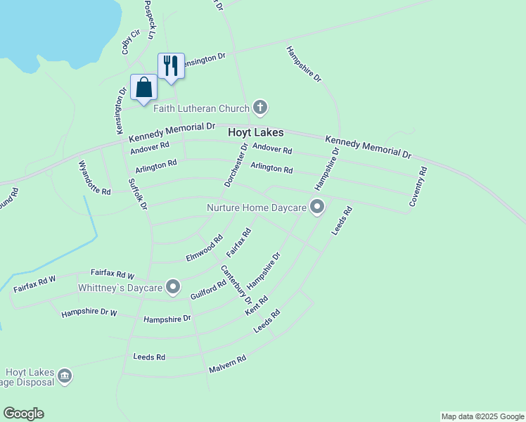 map of restaurants, bars, coffee shops, grocery stores, and more near 321 Wyandotte Road in Hoyt Lakes