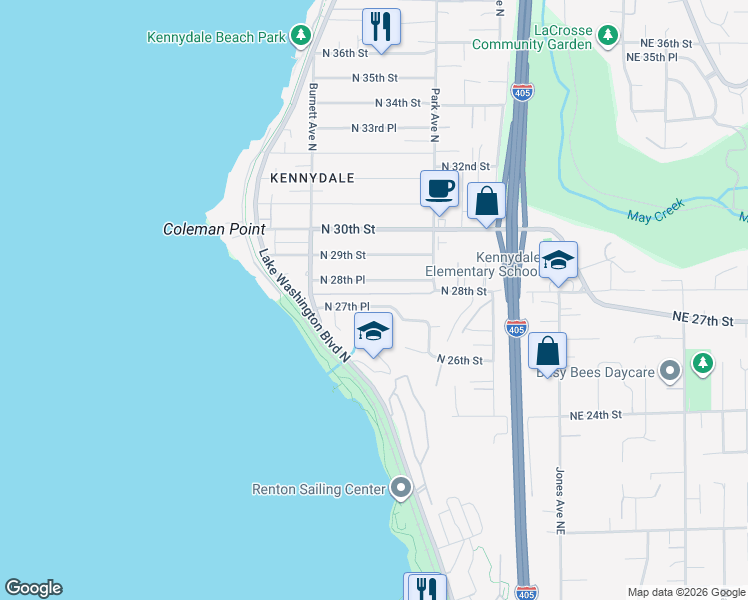 map of restaurants, bars, coffee shops, grocery stores, and more near 1008 North 28th Place in Renton