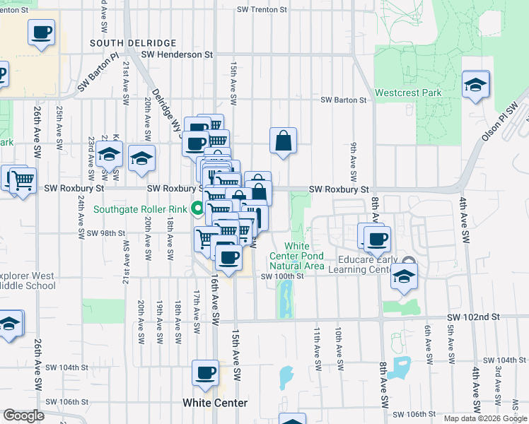 map of restaurants, bars, coffee shops, grocery stores, and more near 9609 13th Avenue Southwest in Seattle