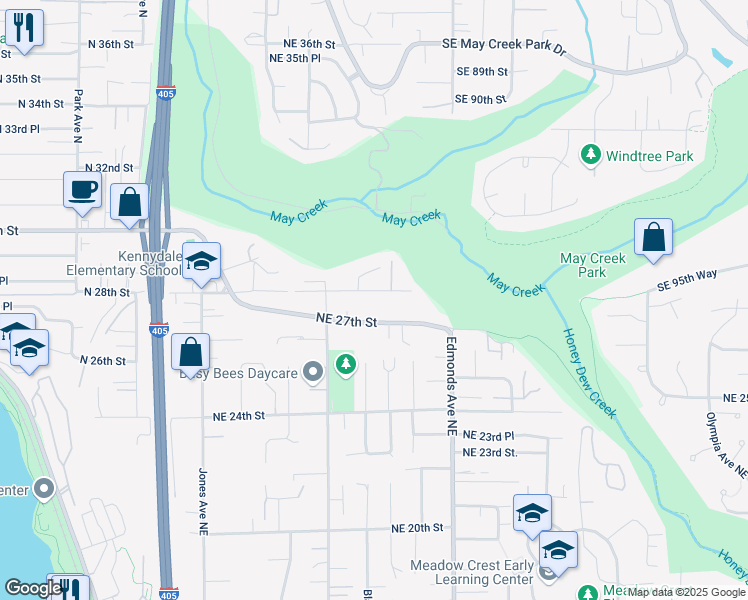 map of restaurants, bars, coffee shops, grocery stores, and more near 2302 Northeast 28th Street in Renton