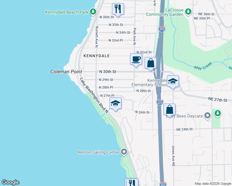 map of restaurants, bars, coffee shops, grocery stores, and more near 1008 North 28th Place in Renton