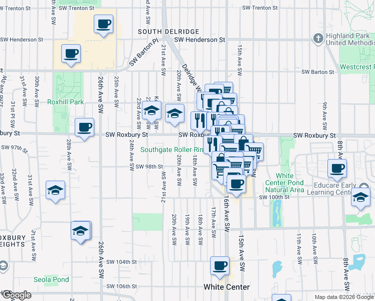 map of restaurants, bars, coffee shops, grocery stores, and more near Southwest 96th Lane in Seattle