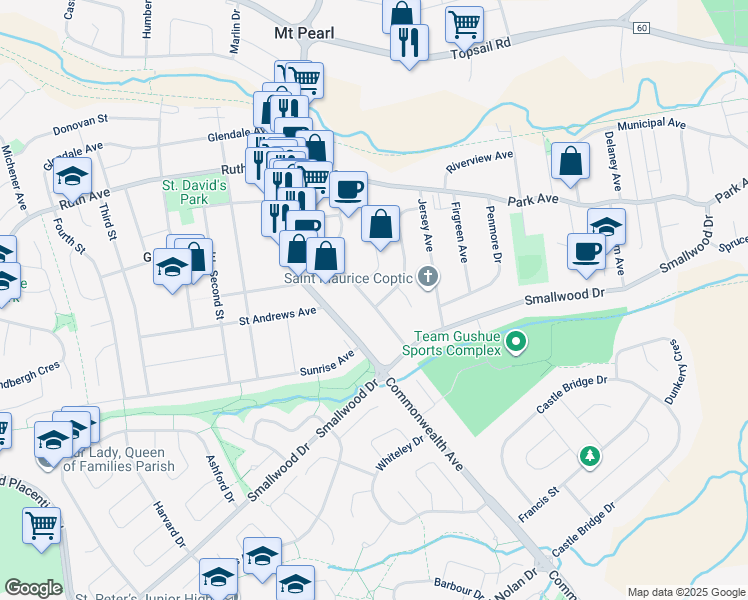 map of restaurants, bars, coffee shops, grocery stores, and more near 16 Bannister Street in Mount Pearl