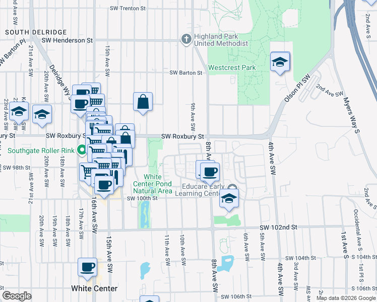 map of restaurants, bars, coffee shops, grocery stores, and more near 954 Southwest 96th Place in Seattle
