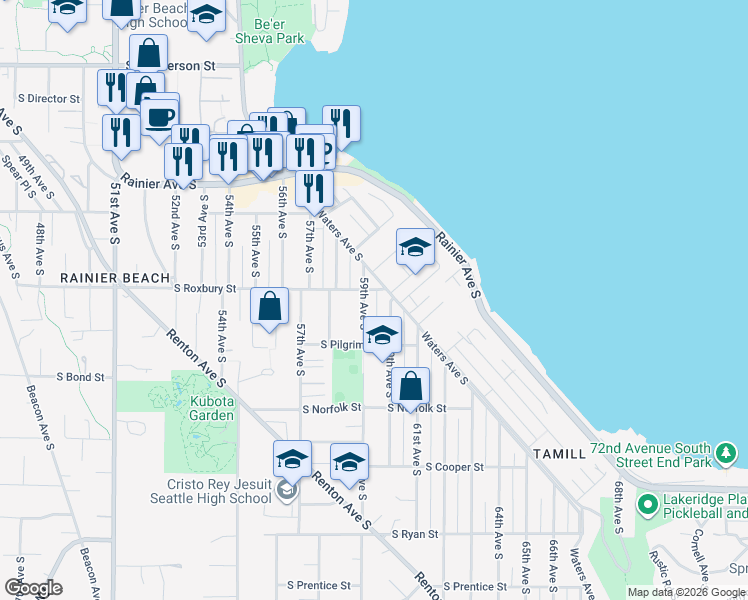 map of restaurants, bars, coffee shops, grocery stores, and more near 5904 South Roxbury Street in Seattle