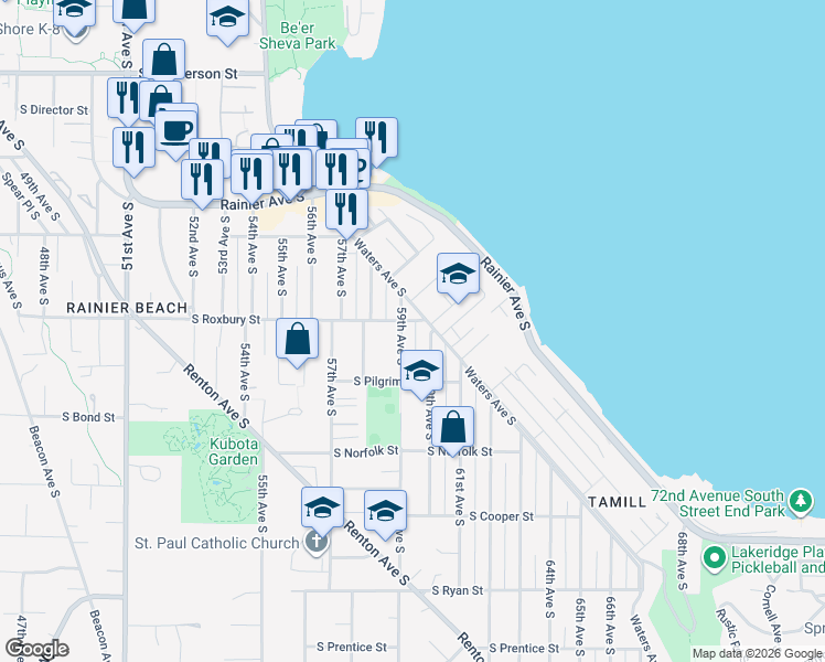 map of restaurants, bars, coffee shops, grocery stores, and more near 5904 South Roxbury Street in Seattle