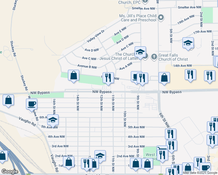 map of restaurants, bars, coffee shops, grocery stores, and more near 1101 Northwest Bypass in Great Falls
