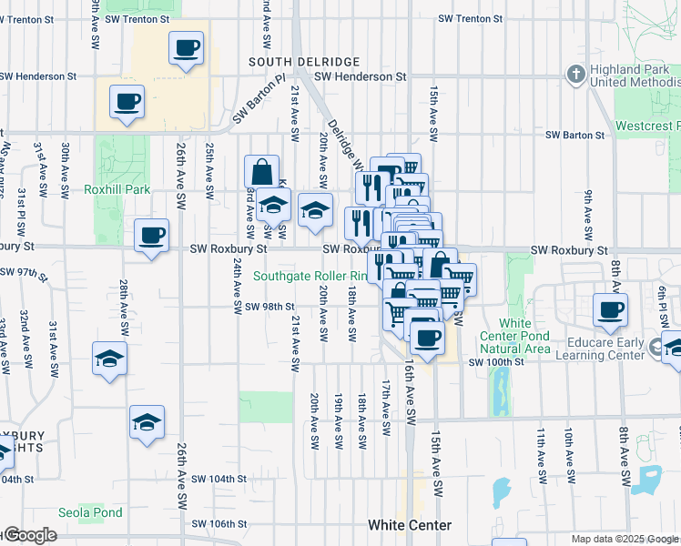 map of restaurants, bars, coffee shops, grocery stores, and more near 9615 18th Avenue Southwest in Seattle