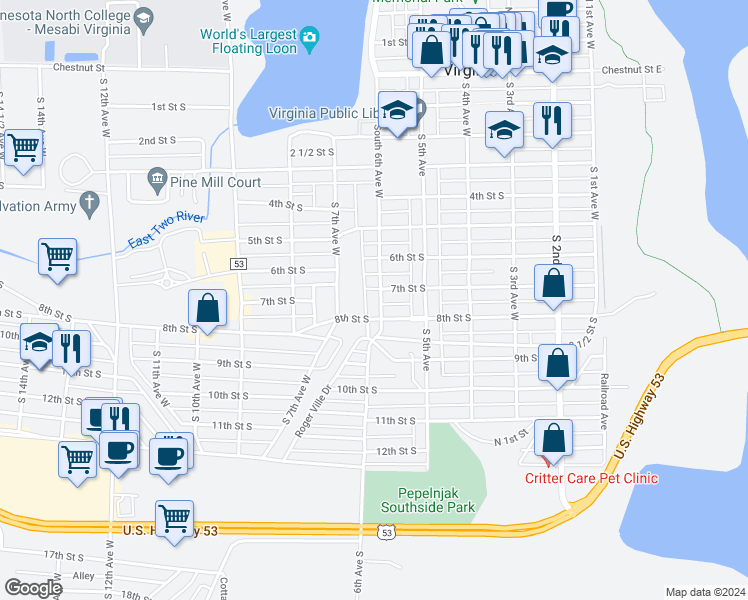 map of restaurants, bars, coffee shops, grocery stores, and more near 602 7th Street South in Virginia