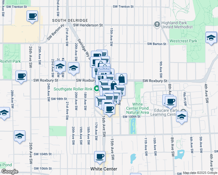 map of restaurants, bars, coffee shops, grocery stores, and more near 9636 16th Avenue Southwest in Seattle