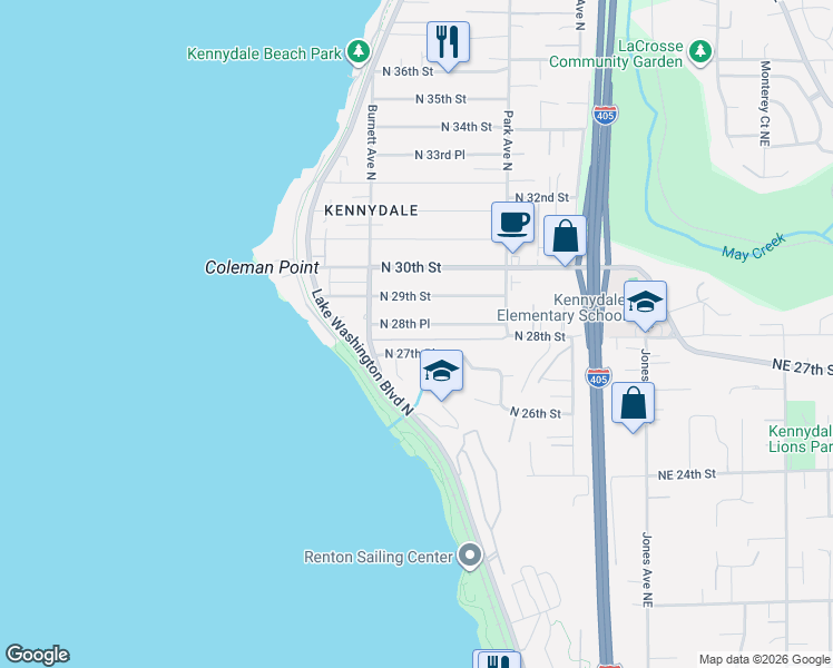 map of restaurants, bars, coffee shops, grocery stores, and more near 1008 North 28th Place in Renton
