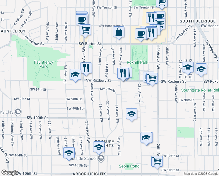 map of restaurants, bars, coffee shops, grocery stores, and more near 3121 Southwest Roxbury Street in Seattle
