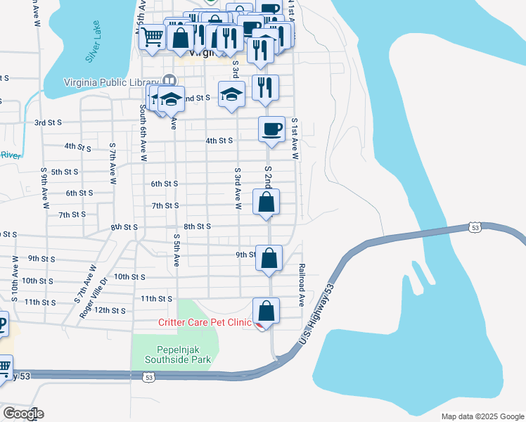 map of restaurants, bars, coffee shops, grocery stores, and more near 214 7th Street South in Virginia