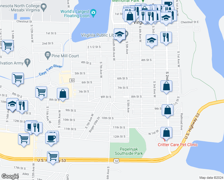 map of restaurants, bars, coffee shops, grocery stores, and more near 602 7th Street South in Virginia