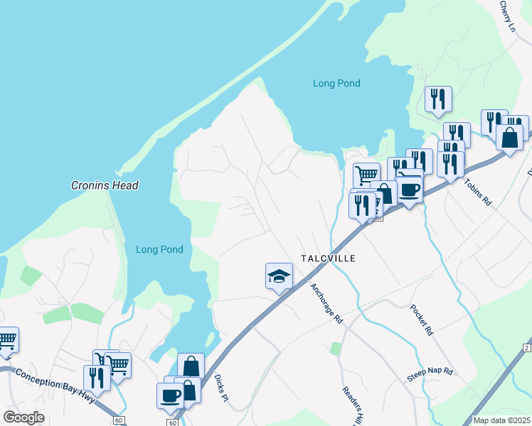 map of restaurants, bars, coffee shops, grocery stores, and more near 46 Greenslades Road in Conception Bay South